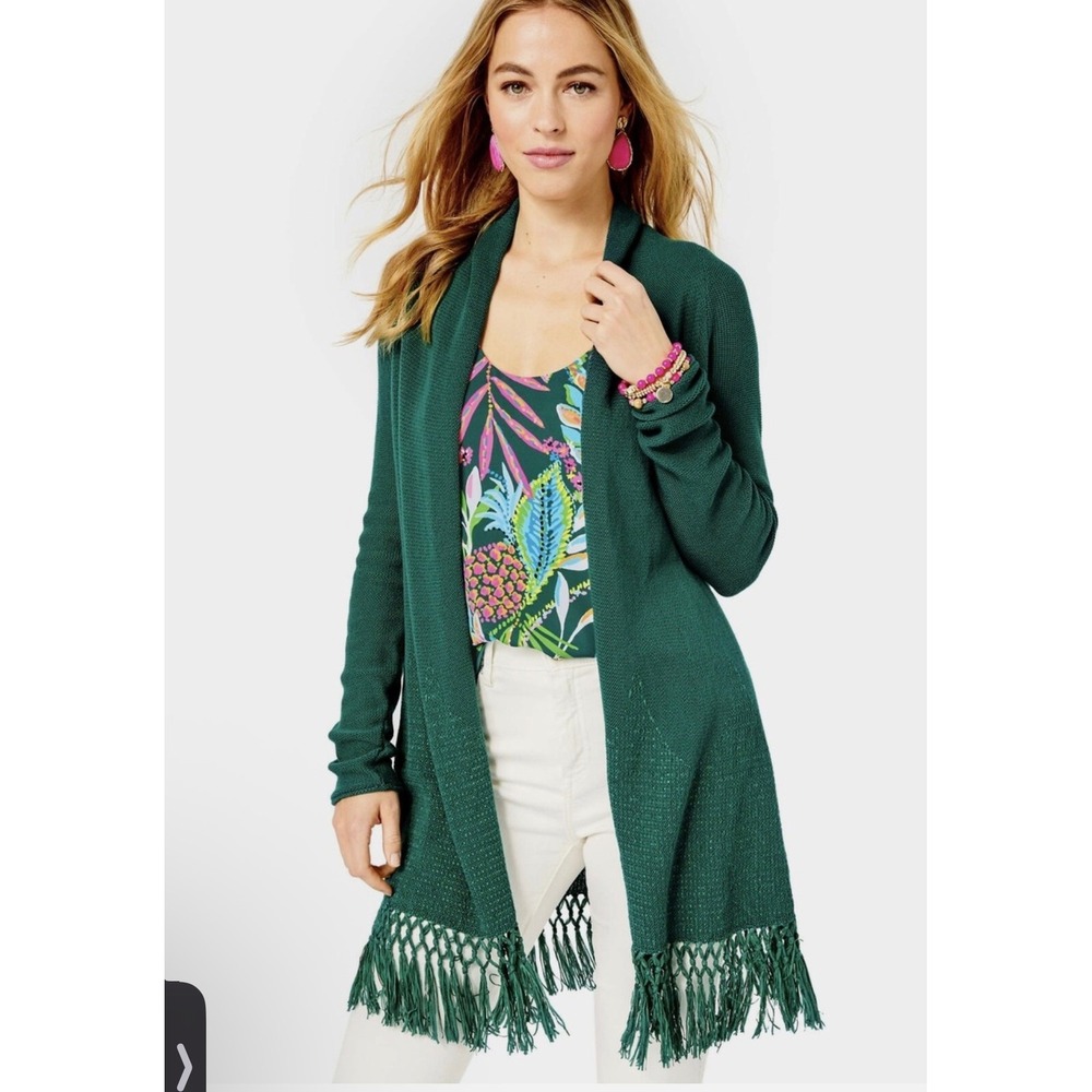 Lilly Pulitzer NWT Tatum Long Fringe Hem Cardigan Hosta Green Size XS